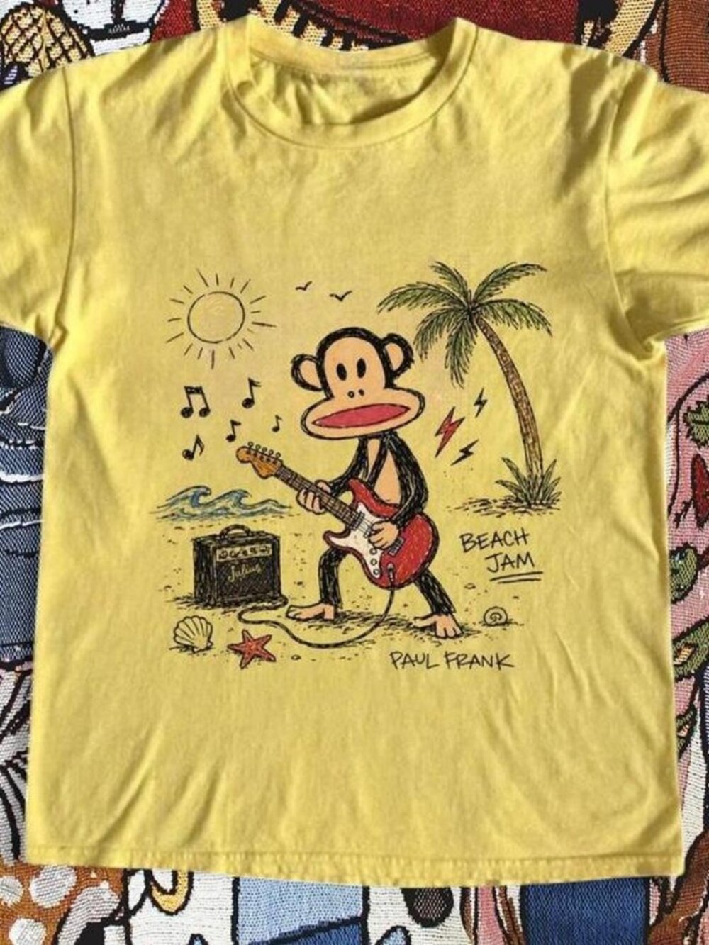 Paul Frank Julius Beach Jam Guitar Graphic T-Shirt – Yellow Y2K Retro Tee